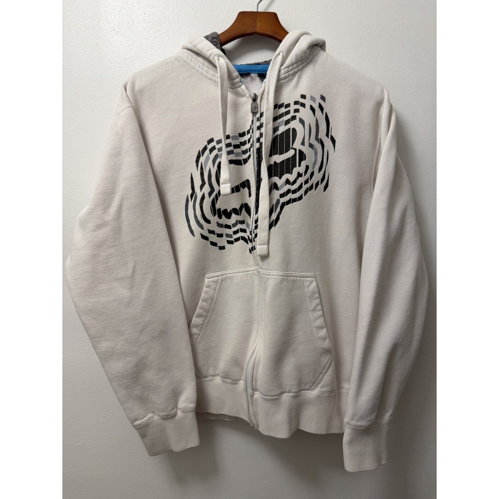 Vintage Y2K Fox Racing Men's Large Big Logo Full Zip Hoodie Sweatshirt White